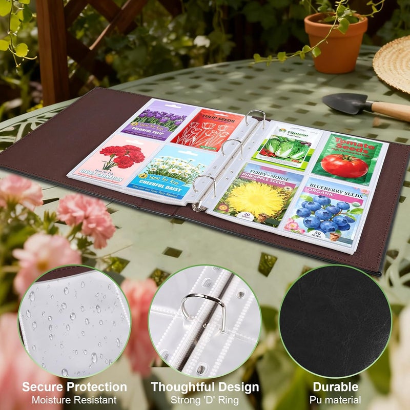 Zofly A4 3 Ring Binder Garden Seeds Storage Album with 30 Pcs 3.5x5” Seed Packet Sleeves, PU Leather Hardcover Organization Book for Seed Packet，Photo, Index Card，240 Top Loading Pockets Capacity - Image 4
